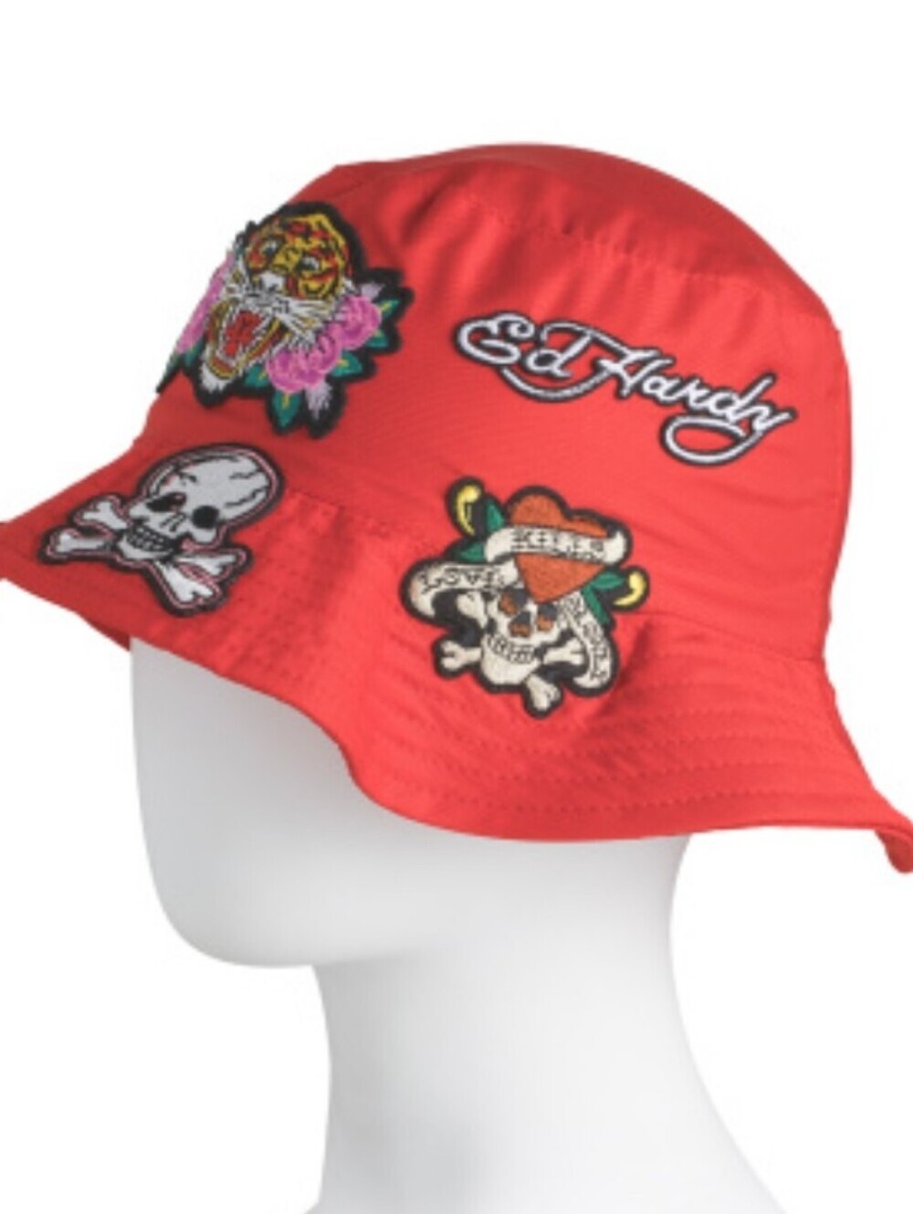 ED HARDY BUCKET HAT NWT. UNISEX. EMBROIDERED PATCHES. TIGER SKULL ROSES